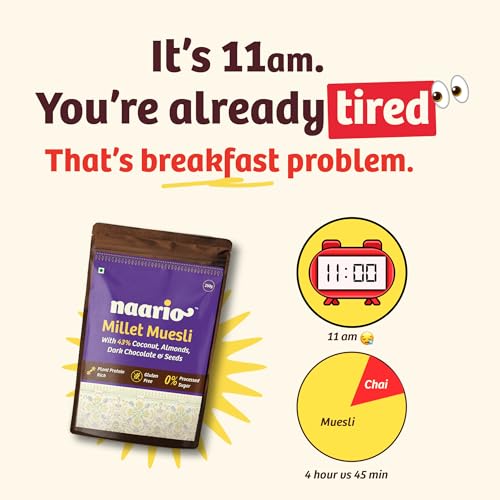 Image of Naario Chocolate Millet Muesli | Jowar-Based Gluten-Free Breakfast | Zero Added Sugar | Low GI | Diabetic Friendly | Keeps Full 4 Hours | No Oats No Wheat | Ready in 2 Min | 250g