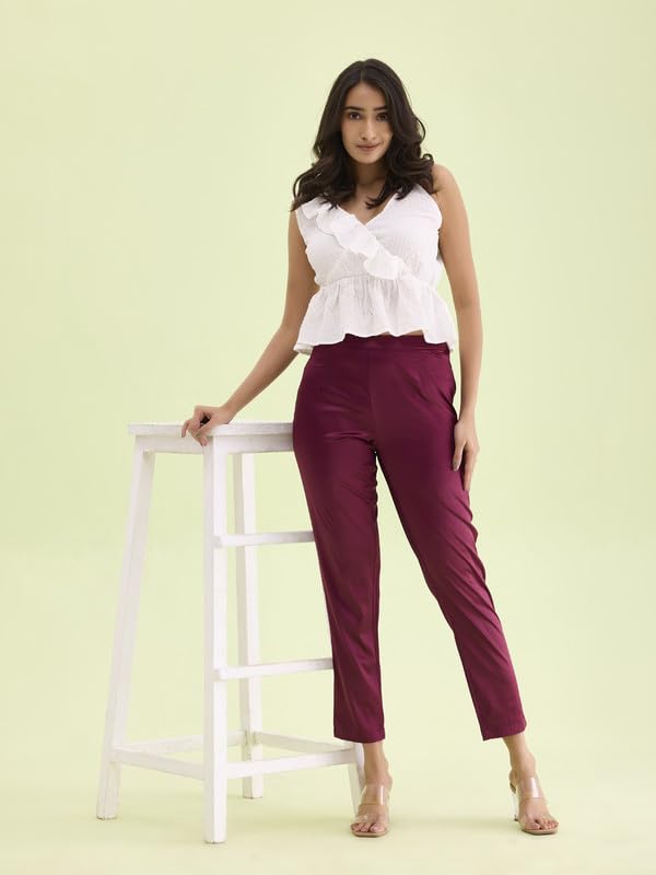 Image of GO COLORS Women Mid Rise Polyester Shiny Pant
