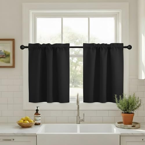 NICETOWN Small RV Camper Window Curtains, Thermal Insulated Rod Pocket Privacy Curtain Tiers Soild Room Darkening Shades for Kitchen Cabinet Cupboard Closet Halloween, Black, W34 x L30 inches, 1 Pair
