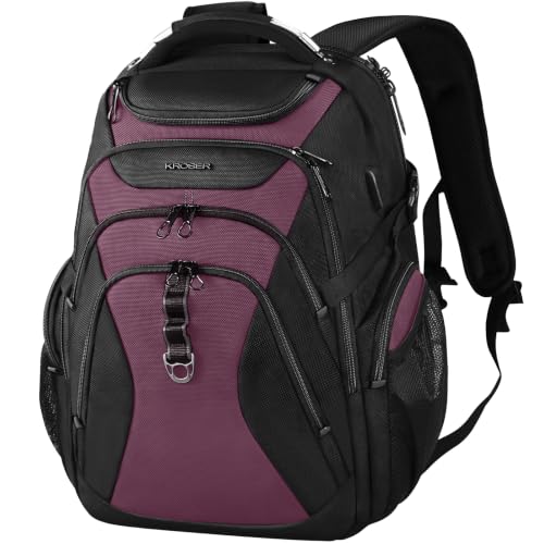 Image of KROSER Travel Laptop Backpack 17.3 Inch XL Computer Backpack with Hard Shell Saferoom RFID Pockets Water-Repellent Business College Daypack Stylish Bag for Men /Women-Black Burgundy