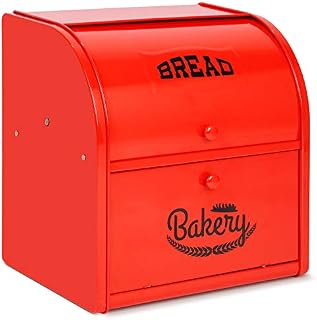 Metal Extra Large Double Compartment Bread Box Roll Top Bread Box Kitchen Food Storage Bin, Counter-top Bread Keeper Double Layer Bread Storage ( Red ) - No installation required