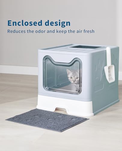 Image of Medario Cat Litter Box with Litter Mat and Scoop, Large Covered Litter Box with Lid, Enclosed Kitty Box, Front Entry Top Exit, Odor Control, Easy to Clean (Blue)