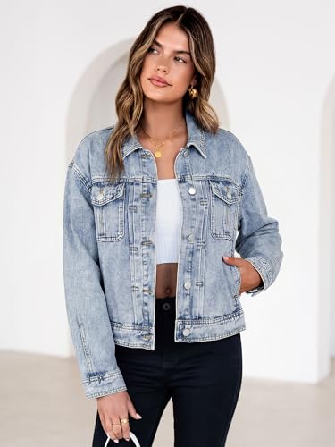 Image of Glamaker Womens Jean Jacket 2026 Casual Basic Trendy Button Down Long Sleeve denim Jacket Coat With Pockets