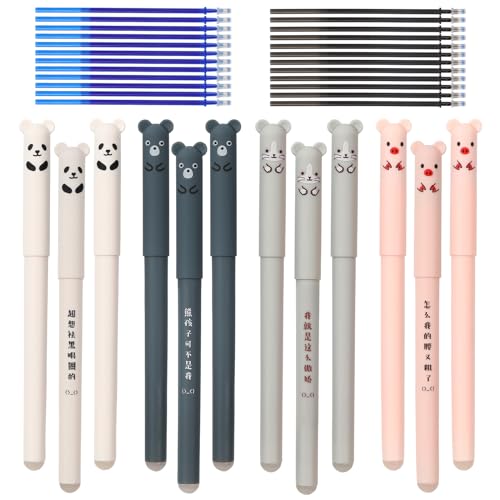 WUFANC Radierbares Gelstift-Set, inklusive 12 radierbare Stifte + 24 Ersatzminen, Tintenroller mit 0,5 mm Spitze, Kugelschreiber, geeignet für Studenten, Lehrer, Büroangestellte(Schwarzer, Blauer)