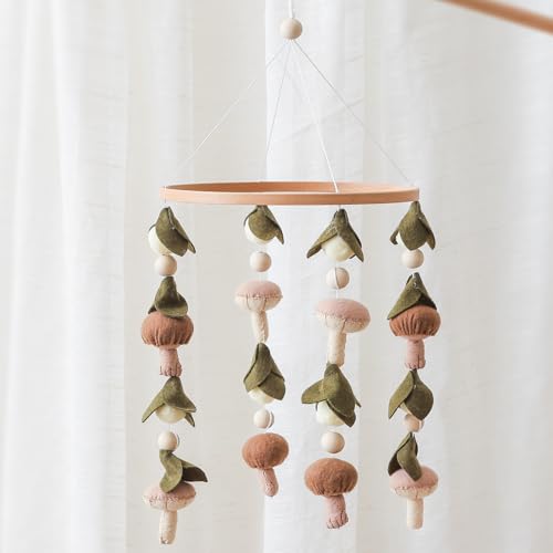 Image of Baby Mobile for Crib,Crib Mobile for Boys Girls, Soft Crib Toys Hanging，Baby Mobile for Bassinet，Boho Nursery Decor Neutral（Mushroom，Leaves,Cotton）