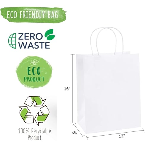 Image of Gift Bags -25pcs 12x16x5 inch Large White Kraft Paper Bags with Handles- Paper Carry Bags for Shopping Retail Merchandise, Party Favor Return Gift Bag, Disposable