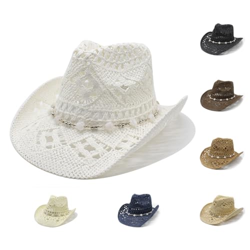 Cowboy Hat for Women Men, Wide Brim Sun Visor for UK, Classic Unisex Brown White Black Cowgirl, Straw Wide with Shapeable Brim Cowboy Hat