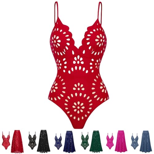 One Piece Cheeky Slimming Bathing Suit with Long Cover-Up Skirt,Scalloped Petal Hollow Out V Neck Monokini Swimwear