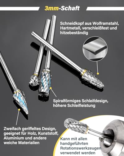 Hartmetall Frässtifte Set, Lytool 12 Stück Doppelschnitt Rotationsfräser mit 3mm Schaft, Dremel Zubehör für Holz Schnitzen, Metallpolieren, Gravieren, Schleifen und Bohren