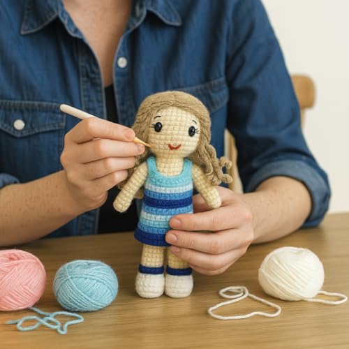 Image of Sutra Handmade Crochet Doll in Blue Dress | Wool Amigurumi Plush Toy | Soft & Safe Handmade Gift for Kids, Nursery & Home Decor