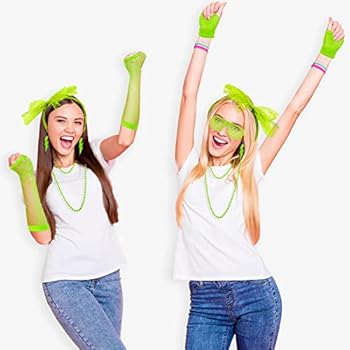 JZK 80s Kostuum feestaccessoires set, kanten hoofdband oorbellen visnet handschoenen ketting armband voor vrouwen en meisje (rose rood