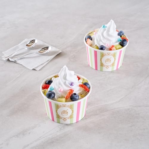 Image of Coppetta 8 Ounce Dessert Cups, 50 Greaseproof Ice Cream Cups - Lids Sold Separately, For Hot And Cold Foods, Green And Pink Stripe Paper Yogurt Bowls, Disposable, Sturdy - Restaurantware
