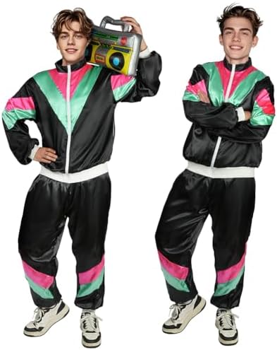 AYBUY 80er 90er Jahre Outfit Herren, 9-teiliges Disco Kostüm Herren | 80er Jahre Kleidung Set aus Hemd, Hose und Hut, Hip Hop Kurzarmshirt für Rollenspiele, Rave-Partys, Halloween,