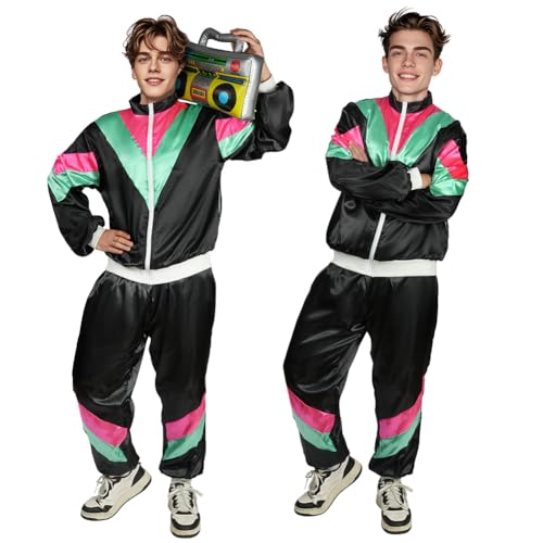 AYBUY Disco Kostüm Set, 2-Teiliges Bekleidung Sportbekleidung, Sportliche Joggingbekleidung für Damen und Herren, Geeignet für Rollenspiele und Rave-Partys im Stil der 70er Jahre(L-Schwarz Grün)