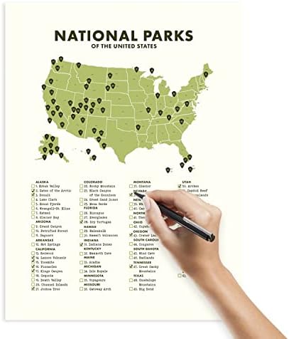 National Park Checklist and Map Wall Art Poster - 12” x 16” (UNFRAMED), Travel Wall Decor, Van Life and Cabin Decor, Bucket List Wall Art for Living Room, Bedroom, Apartment, Dorm, and More