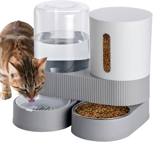 Uandhome Automatic Cat Feeder and Water Dispenser 2-in-1 Gravity Pet Food Feeder and Water Set with Stainless Steel Food Bowl for Cats Small Dogs Rabbits 360 Degree Rotatable