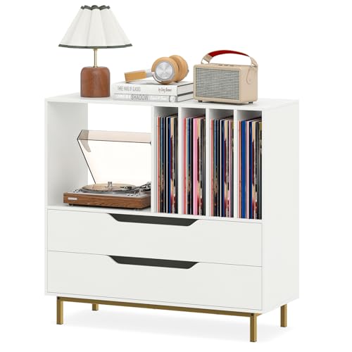 COSTWAY Mueble Tocadiscos, Soporte para Tocadiscos con Compartimento Abierto, 4 Estantes de Vinilos, 2 Cajones y Patas de Metal, Mesa Auxiliar de Discos Vinilos para Salón, 91 x 36 x 87 cm (Blanco)