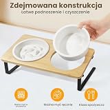 PETTOM Slow Feeder miska dla kota zestaw ceramiczny z bambusowym stojakiem, podniesione miski dla kotów nachylenie 15°, podwyższone miski dla kotów, przeciw wymiotom, podwójne naczynia, stacja do