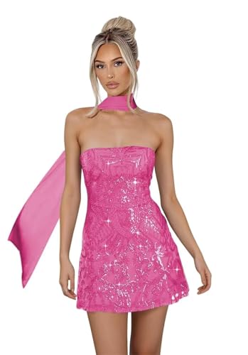 OFEYCHUN Short Strapless Homecoming Dresses with Scarf 2025 Sparkly Sequin Cocktail Party Dress3