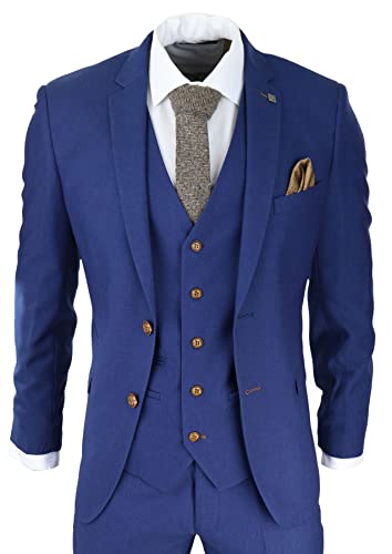 Mens Royal Blue 3 Piece Suit Brown Trim Classic Birdseye Vintage Wedding Grooms4