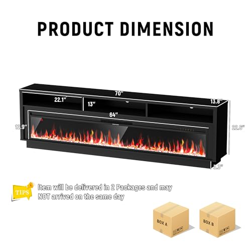 AHB 70\" Fireplace TV Stand for TVs Up to 80\" with 64\" Electric Fireplace, TV Console for The Living Room, LED Light Entertainment Center, Storage Cabinet, Media Console Table, Black