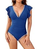 UMIPUBO Bañadores Mujer Cuello En V Reductor Barriga Push Up Sexy Vestido Traje De Baño Pliegues Vientre Plano con Relleno Volantes Detalles De Concha Espalda Descubierta Ropa De Baño