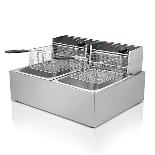 Preisvergleich Produktbild Buoqua Elektrische Friteuse 12L Deep Fryer Edelstahl 5000W Doppeltank Friteuse mit Zeitschaltuhr und Ablasshahn