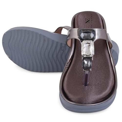 Image of XE Looks Women's Fashion Wedges | Stylish & Trendy Metallic Sandals with Stone Details | Comfortable Cushioned Footbed & Lightweight Design Wedges For Girls & Women UK-7