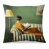 AJIPUX Vintage Woman Reading Book Throw Pillow Cover 18x18, Abstract Green Bookish Bookworm Pillow Case for Couch Sofa Home Library, Reading Nook Corner Room Decor