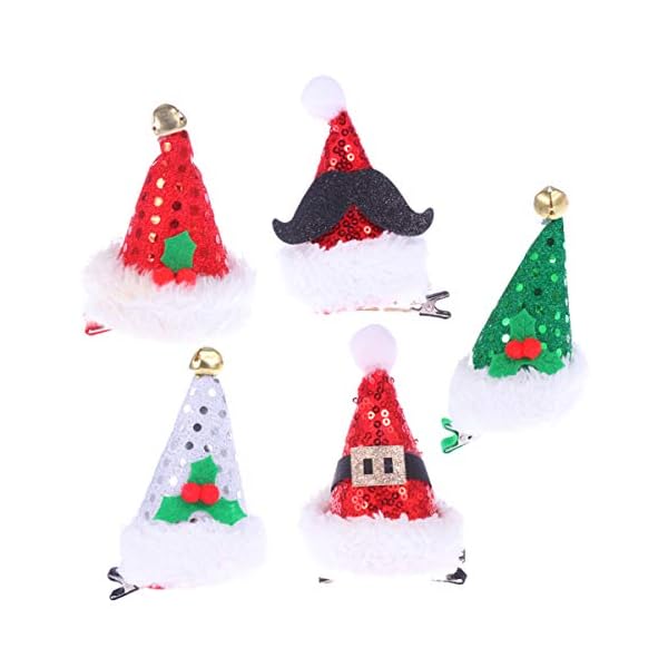 Happyyami 5pcs Christmas Hair Clips Glitter Sequin Christmas Hat Barrettes with Holly Berry Belt Beard Xmas Hair…
