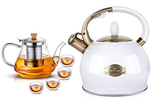 SUSTEAS 2.64 Quart Stove Top Whistling Tea Kettle and 33oz Glass Teapot with Extra Double Wall cups