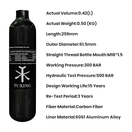 TUXING Carbon Fiber HPA Paintball Tank Air System,0.42L,4500psi Carbon Fiber Air Tank for PCP Paintball Scuba SCBA - Image 4