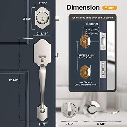 Brightify Satin Nickel Front Door Handle, Satin Nickel Exterior Door Handle With Door Lever, Modern Front Door Lock Set, Adjustable Deadbolt Lock Set With Single Cylinder, Reversible For Right&Left #TOP5