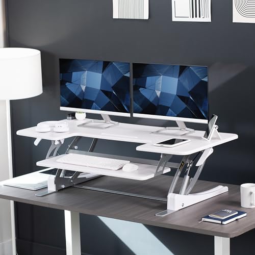 Image of VIVO White 48 inch Standing Desk Converter, DESK-V048VW | Extra Large, Height Adjustable, Stand Up Desk Riser, Wide Keyboard Tray, Dual Monitor and Laptop Workstation, V Series