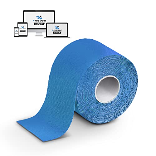 Cinta kinesiológica 5m x 5cm, Cinta Kinesio X-PRO-SPORT con libro electrónico con ejemplos de aplicación, Vendaje de musculatura, Fuerte, Resistente, Elástica Cinta de Taping (1 x azul) Cover
