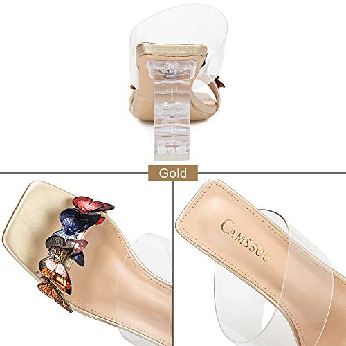 Camssoo Women's Clear Pvc Heeled Mules Slip On Square Open Toe Sandals Butterfly Decoration Backless Wedding Sexy Dress Lucite Clear Chunky Block Heels Slippers Slides Gold Leather Pu Pvc Size Us 9 #TOP4