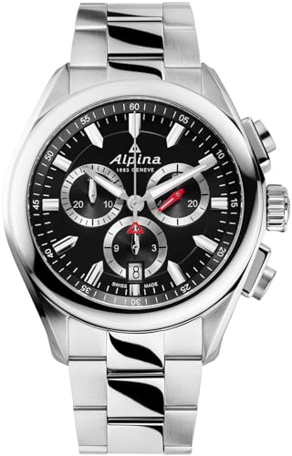 Alpina Mens Alpiner Chronograph Swiss Quartz Silver-Tone Stainless Steel Watch, Black Dial Style: AL-373BB4E6B