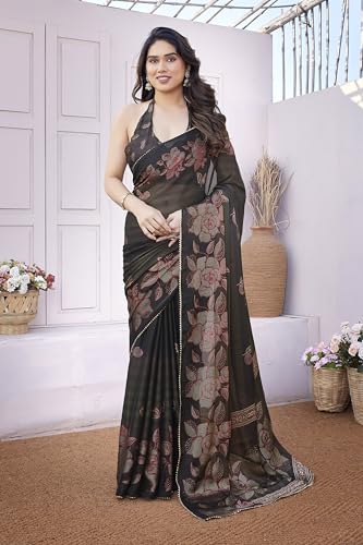 Image of MIRCHI FASHION Saree for Woman Chiffon Foil Work Floral Printed | Ethnic Sari for Function and Farewell with Unstitched Blouse Piece (Available in 15 Colors)