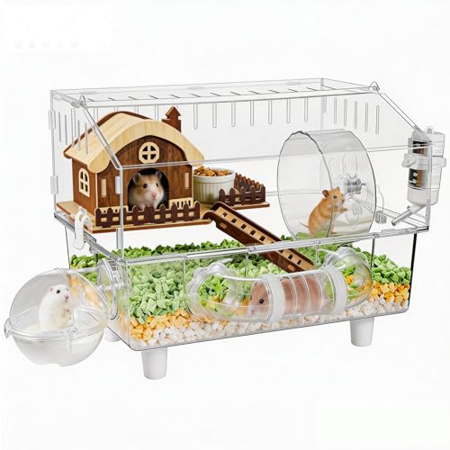 Acrylic Hamster Cage,8 in 1 Clear Transparent Habitat with All Accessories, Multi-Level Small Animal Enclosure with 2-Layer Platform、Hideout、Exercise Wheel、Bath、Bowl and Wheel、Bottle(17 * 13.4 * 11“)
