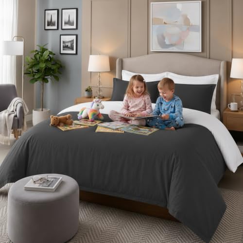 Image of Duvet Cover King Size Bed (92x110 Inch) 1 Duvet Cover + 4 Pillow Covers with Zipper 600 TC Cotton Reversible Luxurious Quilt, Comforter, Rajai, Blanket Cover (White /Dark Grey)