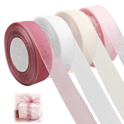 4 Rotoli in Organza Trasparente, 2,5 Cm X 45 M, Chiffon Rosa, Per Confezioni Regalo, Feste Di Compleanno