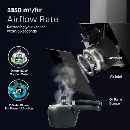 Image of Zenpure BREEZE Auto Clean Slant Glass 60 CM 10 Years motor warranty | Heat Autoclean | Gesture Control | Filterless | Powerful suction | Low Noise Wall mounted Black 1350 CMH Kitchen Chimney