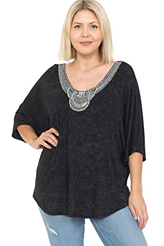 LEEBE Plus Size Embellish Dolman Mid-length Sleeve Top (1X-5X) (2X (18-20), Black)