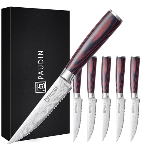 PAUDIN Steak Knives Set of 6, Kitchen Steak Knife 4.5 Inch, High Carbon Stainless Steel Steak Knives, Serrated Steak Knife with Pakkawood Handle, Dinner Knives with Gift Box