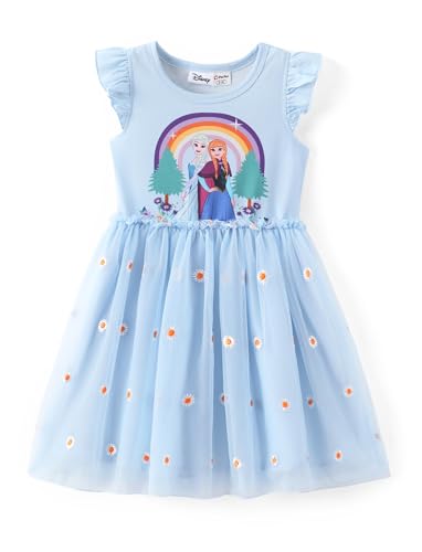 Disney Frozen Toddler Girl Dress Elsa Anna Print Embroidered Daisy Tulle Summer Clothes Flutter-Sleeve Outfit Party Birthday Sundress Blue 4-5T