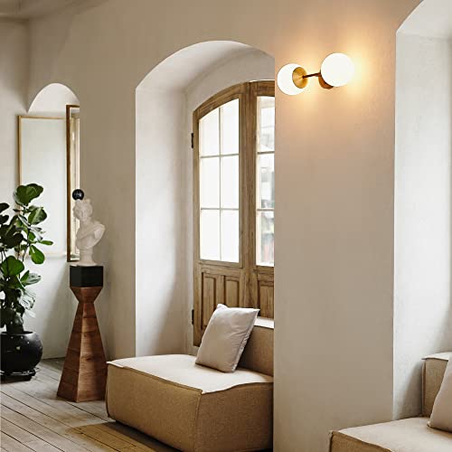 Image of Globe Electric 52079 2-Light Wall Sconce, Matte Black, Antique Brass Accent Socket, Matte Opal Glass Shades, Modern Light for Living Room or Bedroom, Dimmer Switch Compatible, E26 Base