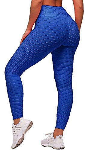 Image of Memoryee Women's Honeycomb Waffle Leggings Ruched Butt Lift High Waisted Chic Sport Tummy Control Plus Size Workout Gym Yoga Stretchy Pants/Blue/M