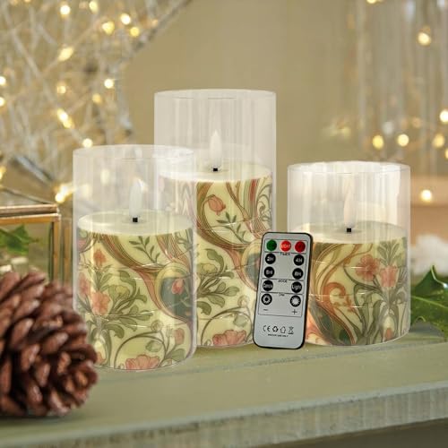 Image of Flickering Flameless Candles Pink Floral, Embedded Star String Lights, Battery Operated Acrylic LED Pillar Candles with 11-Key Remote and Timer for Home Decoration, 3 Pack