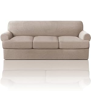 PrinceDeco T Cushion Sofa Slipcover 4 Pieces Sofa Covers for T Cushion Sofa Soft Couch Cover Sofa Slip Covers Furniture Covers with 3 Individual T Cushion Shape Seat Covers Machine Washable, Sand