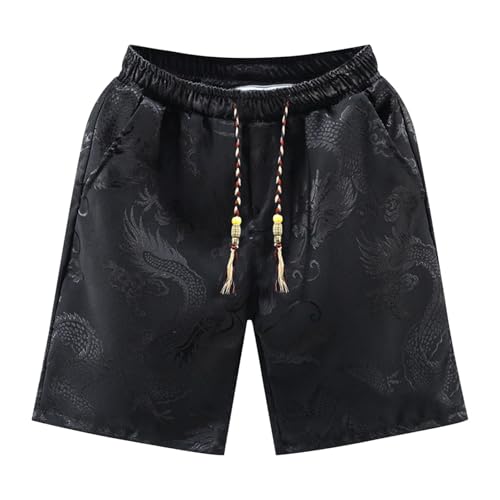 SUPTTING Pantalones cortos de dragón para hombre, pantalones de baño asiáticos, pantalones de ocio tradicionales, pantalones de dormir bordados, pantalones elásticos para salón, pantalones de playa